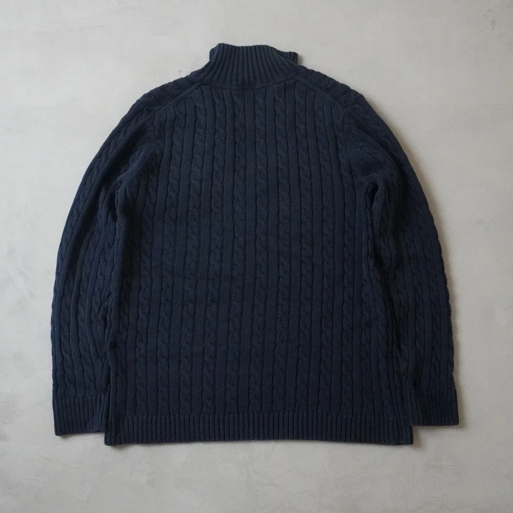 LL Bean Mens XL Navy Blue Cable Knit Cotton V-Neck Shawl Collar Sweater